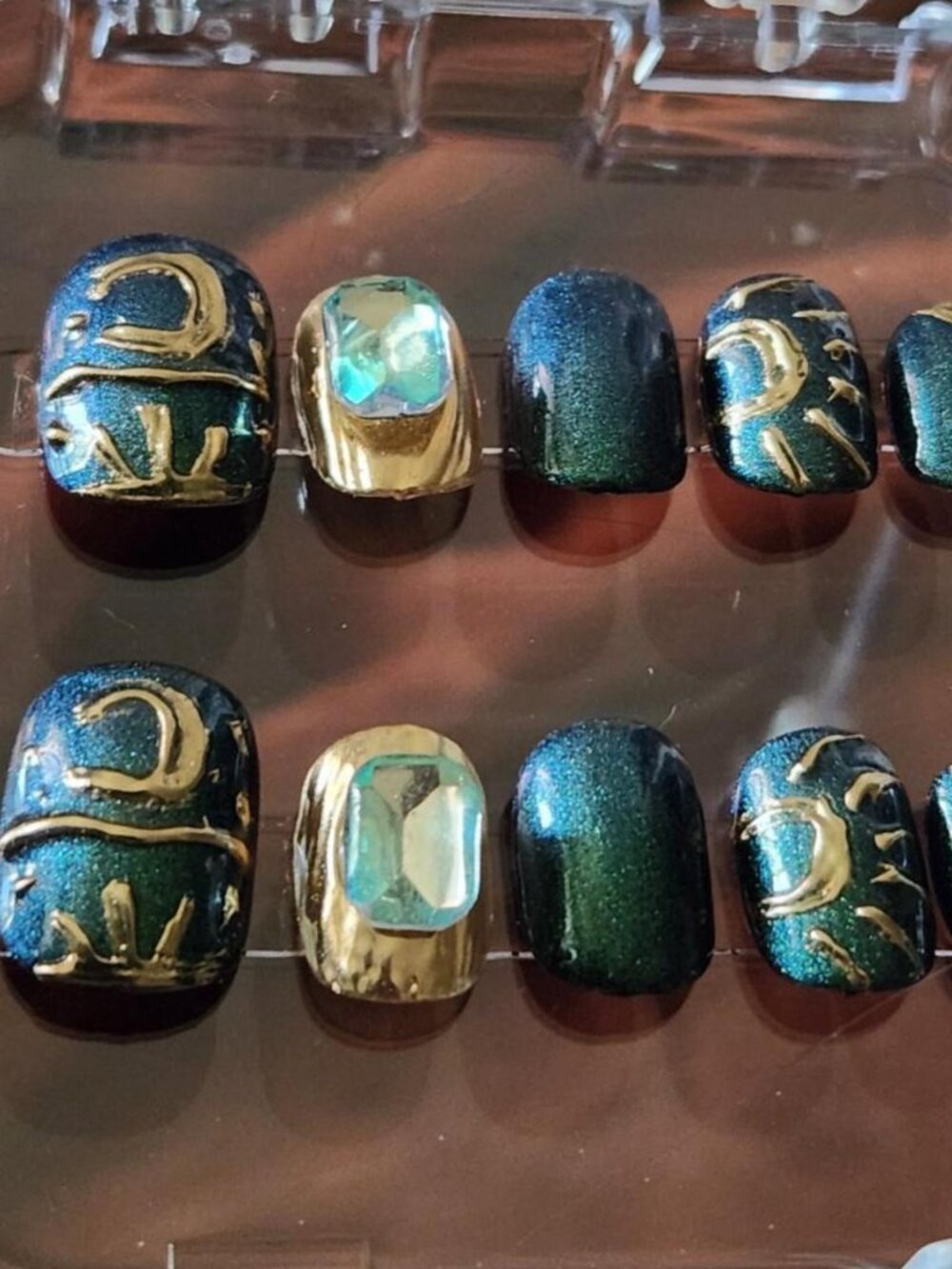 1.0 Green and gold glitter celestial Sun/Moon press-on nails. Size S.